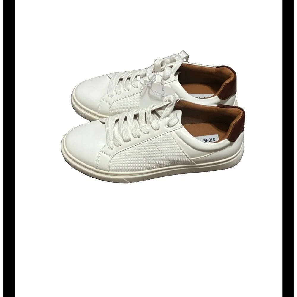 Steve Madden Mens White Low Top Sneakers Brown Heel Accent Lace Up Shoes Size 8